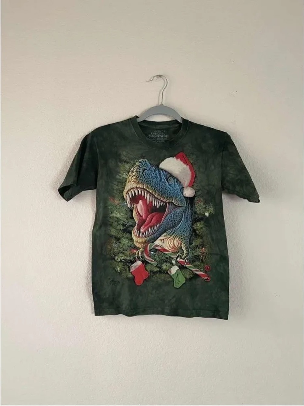 The Mountain Boys Green Dinosaur Santa Tee